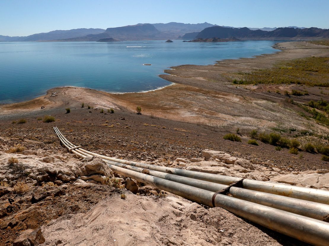Pipes from an abandoned water intake tower are shown at Lake Mead on June 12, 2021.