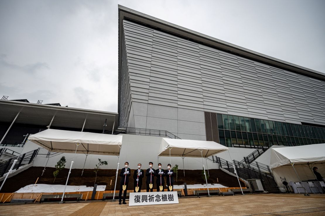 The Ariake Arena, venue for the Tokyo 2020 Olympic volleyball and Paralympic wheelchair basketball events, during a tree planting event to commemorate the reconstruction of disaster-affected areas in Japan on June 6, 2021.
