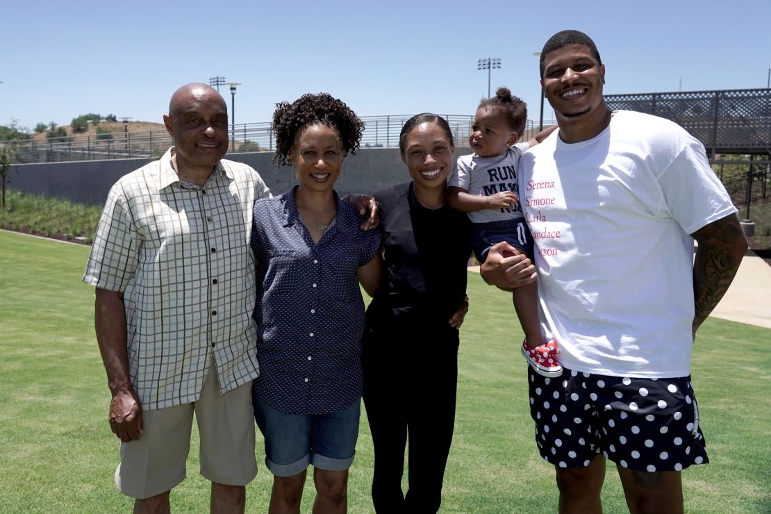 The track and field star says she wouldn't have been able to achieve her Olympic dreams without her family. From left: Paul Felix, Marlean Felix, Allyson Felix, Camryn Felix and Kenneth Ferguson.