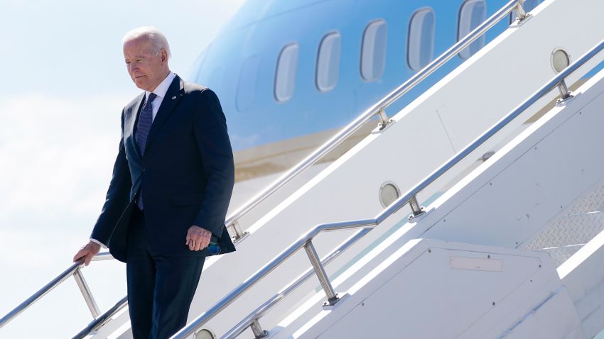 President Joe Biden steps off Air Force One at Geneva Airport in Geneva, Switzerland, Tuesday, June 15, 2021. Biden is scheduled to meet with Russian President Vladimir Putin in Geneva, Wednesday, June 16, 2021. 