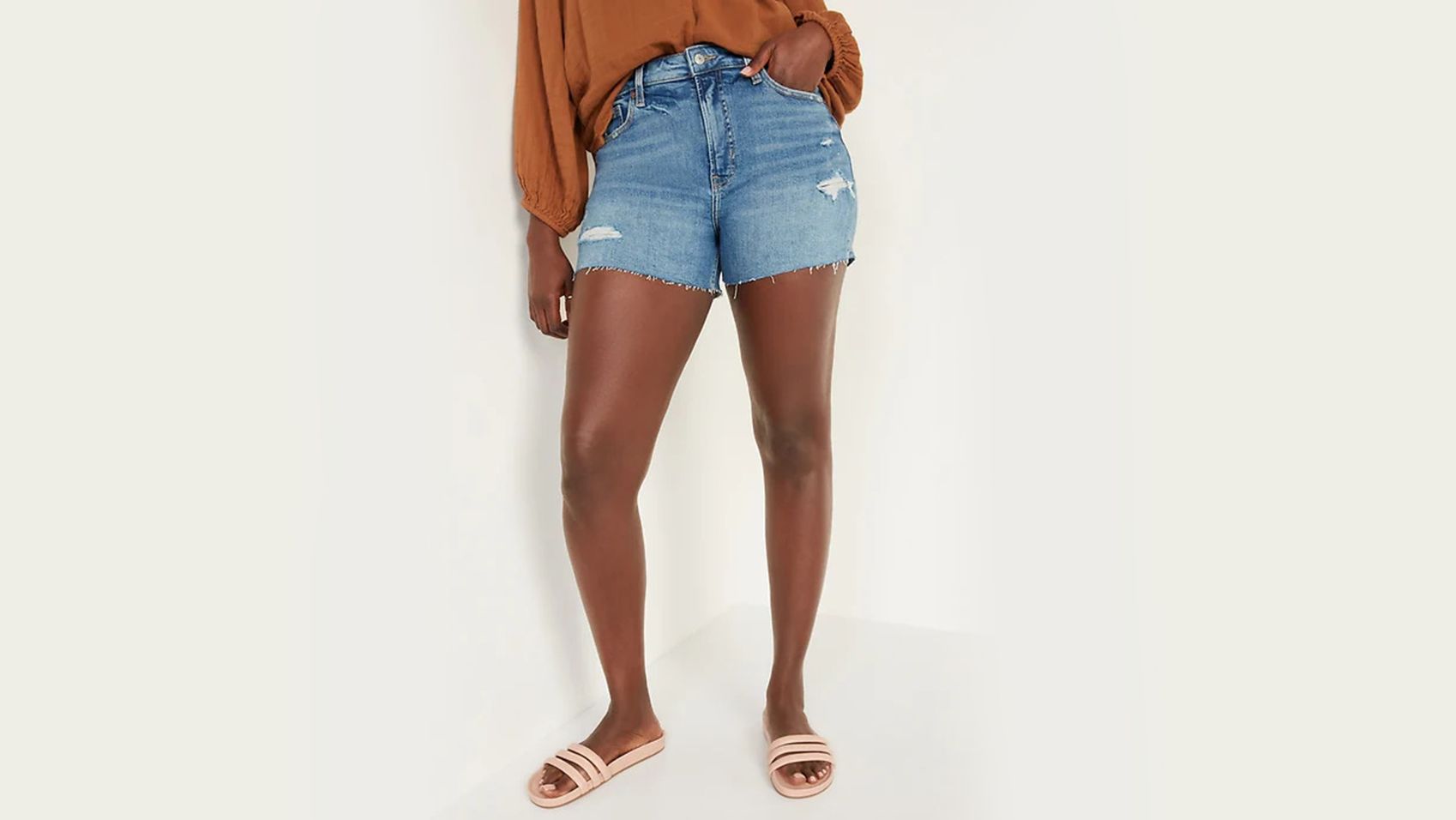 High-Waisted Ripped Black Non-Stretch Jean Shorts for Girls