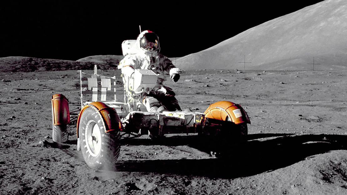 Mission Commander Eugene Cernan test driving a Lunar Roving Vehicle during the  Apollo 17 mission in 1972.