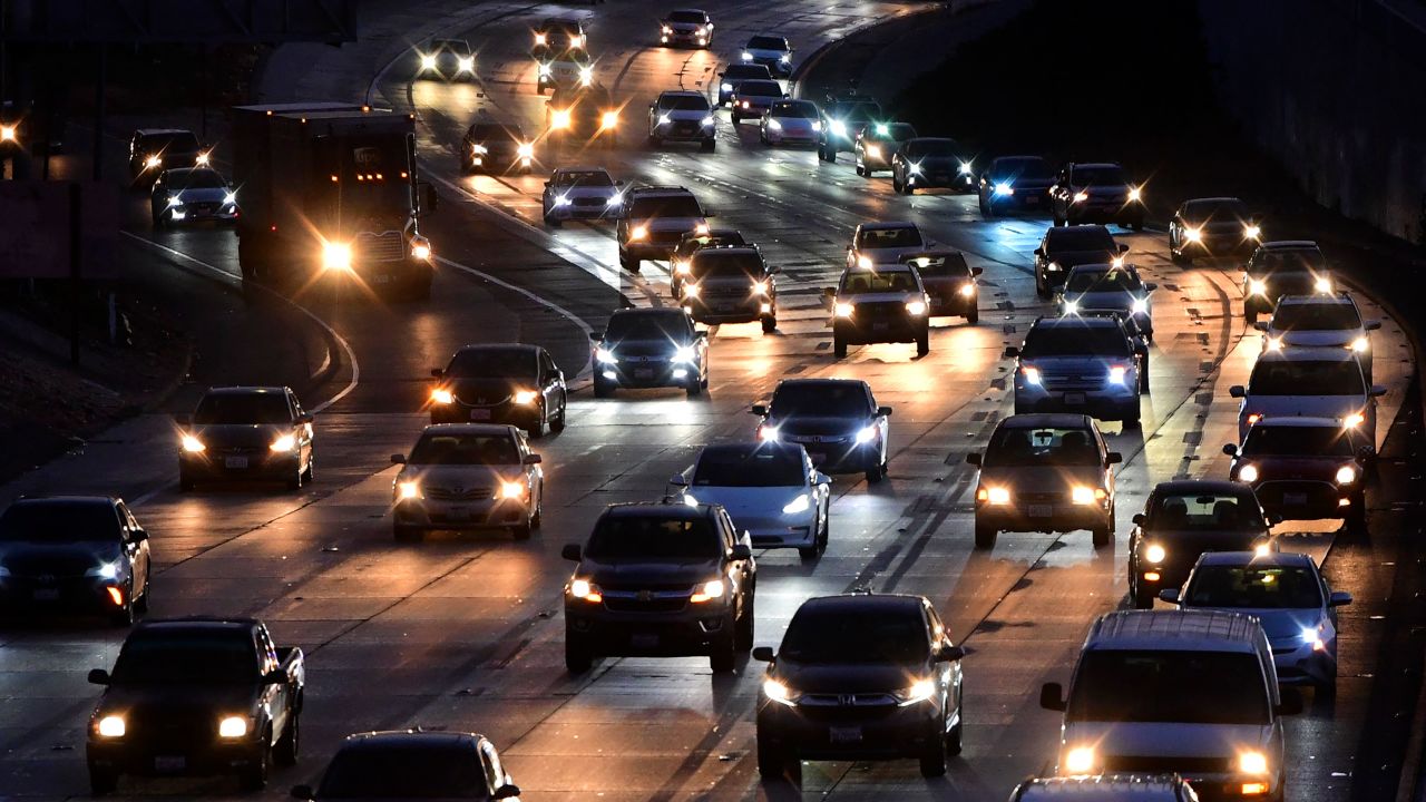 Vehicles head east from Los Angeles on the Interstate 10 freeway on May 27, 2021, ahead of the Memorial Day weekend. 