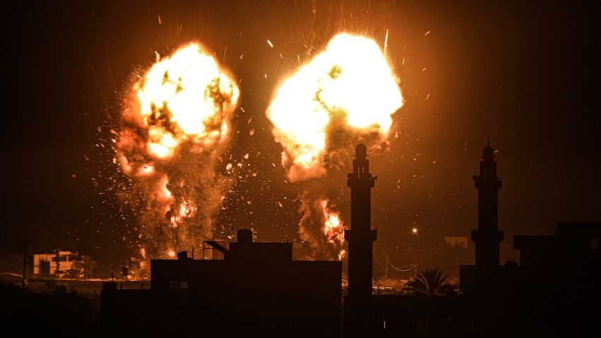 GAZA CITY, GAZA - JUNE 15: Flames are seen after an Israeli air strike hit Hamas targets in Gaza City, Gaza on June 15, 2021. (Photo by Ali Jadallah/Anadolu Agency via Getty Images)