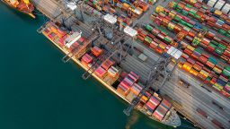 Aerial view of shipping containers sitting stacked at Shenzhen Yantian Port on February 27, 2021 in Shenzhen, Guangdong Province of China.