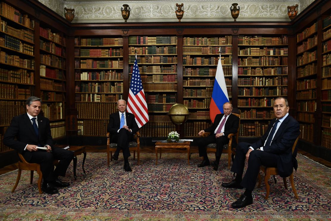 US Secretary of State Antony Blinken (L), US President Joe Biden (2nd L), Russian President Vladimir Putin (2n R) and Russian Foreign Minister Sergei Lavrov (R) pose for press ahead of the US-Russia summit at the Villa La Grange, in Geneva on June 16, 2021.
