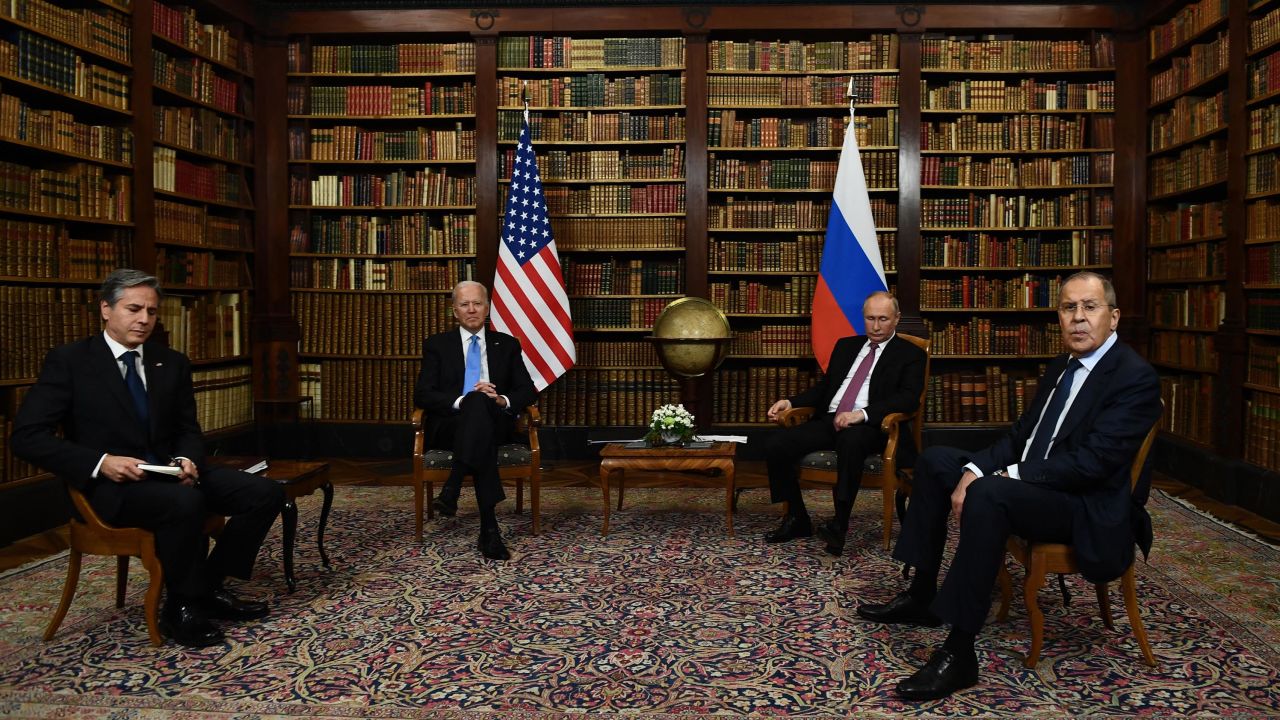 US Secretary of State Antony Blinken (L), US President Joe Biden (2nd L), Russian President Vladimir Putin (2n R) and Russian Foreign Minister Sergei Lavrov (R) pose for press ahead of the US-Russia summit at the Villa La Grange, in Geneva on June 16, 2021.