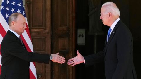 Russian President Vladimir Putin, left, and U.S President Joe Biden shake hands during their meeting at the 'Villa la Grange' in Geneva, Switzerland in Geneva, Switzerland, Wednesday, June 16, 2021.