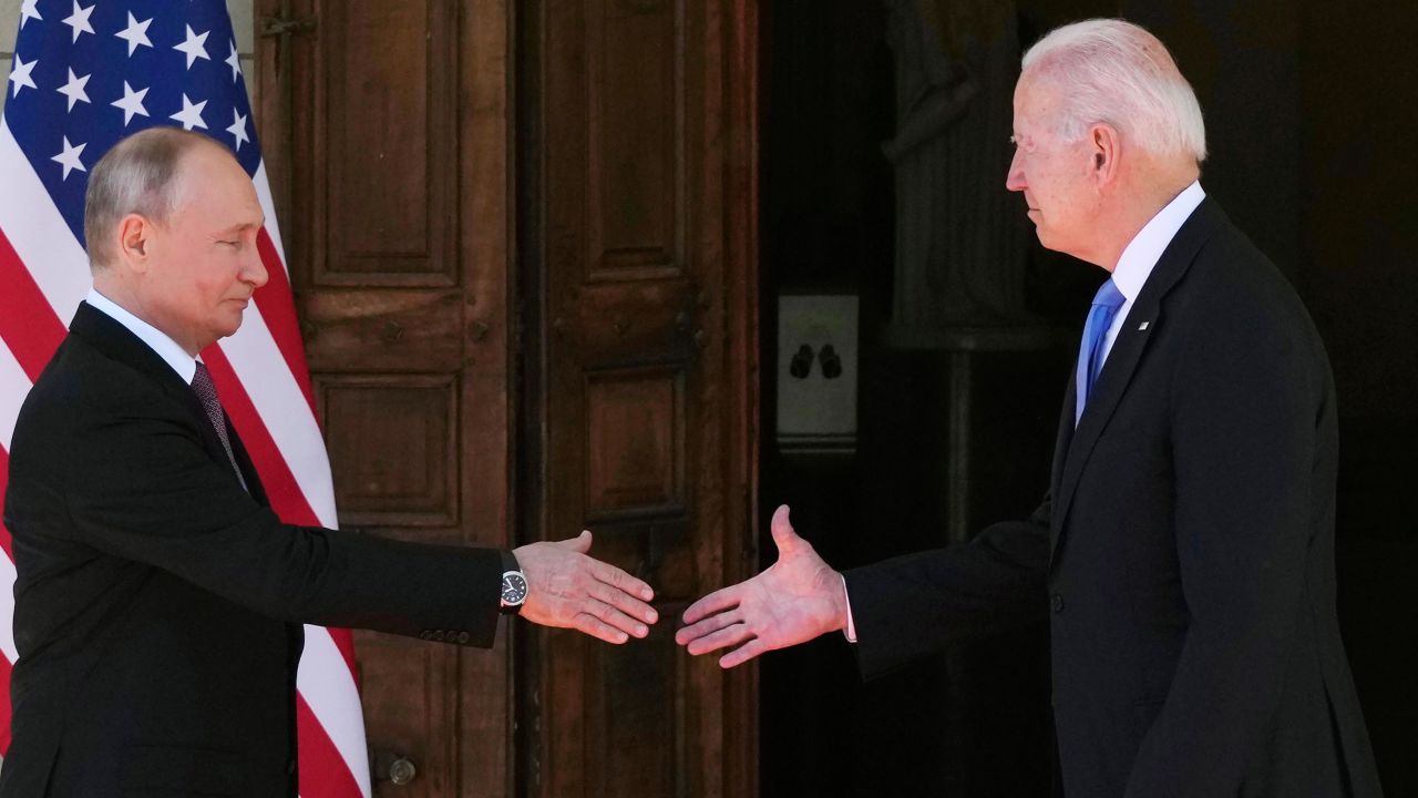 Russian President Vladimir Putin, left, and U.S President Joe Biden shake hands during their meeting at the 'Villa la Grange' in Geneva, Switzerland in Geneva, Switzerland, Wednesday, June 16, 2021. 