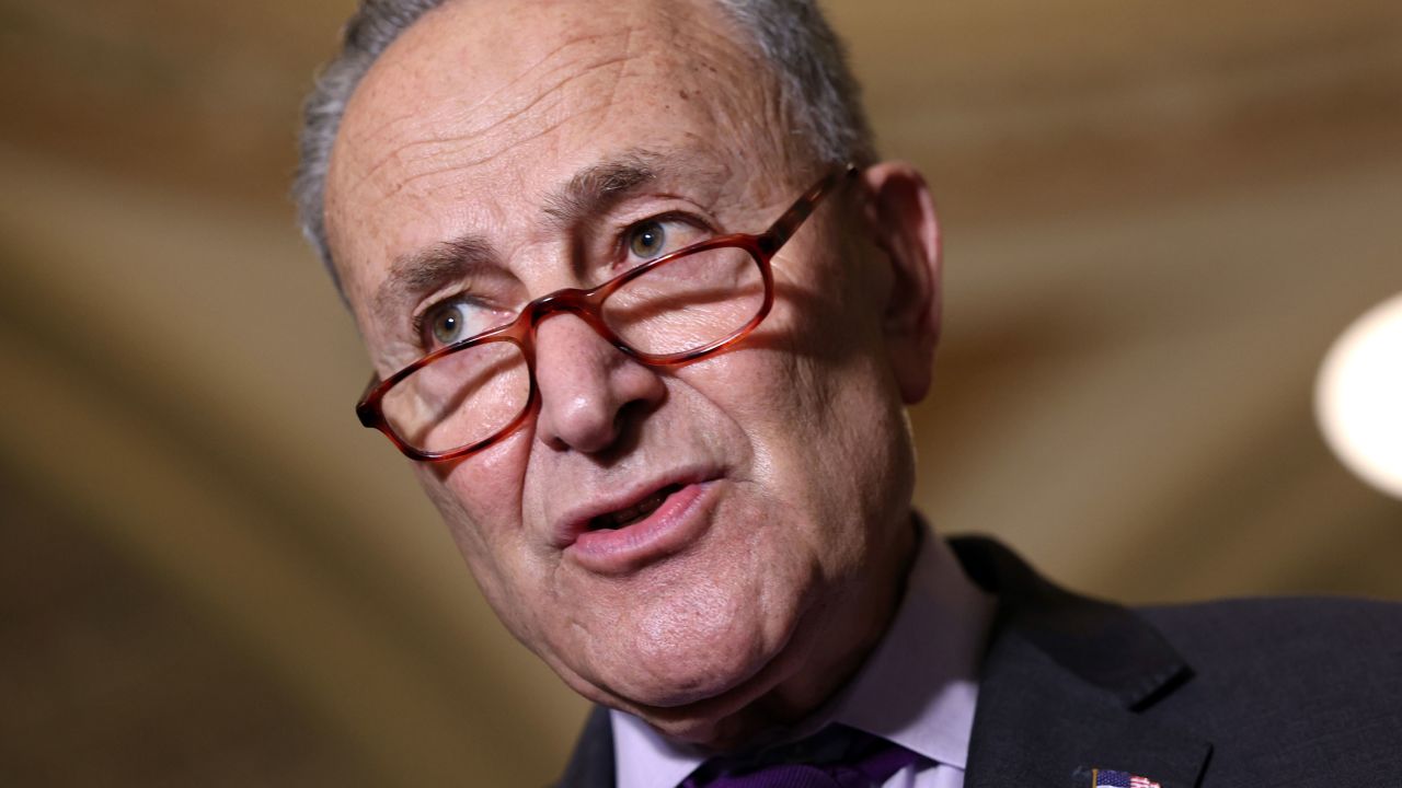Senate Majority Leader Charles Schumer (D-NY) speaks to reporters following a Senate Democratic luncheon at the U.S. Capitol on June 15, 2021 in Washington, DC. 