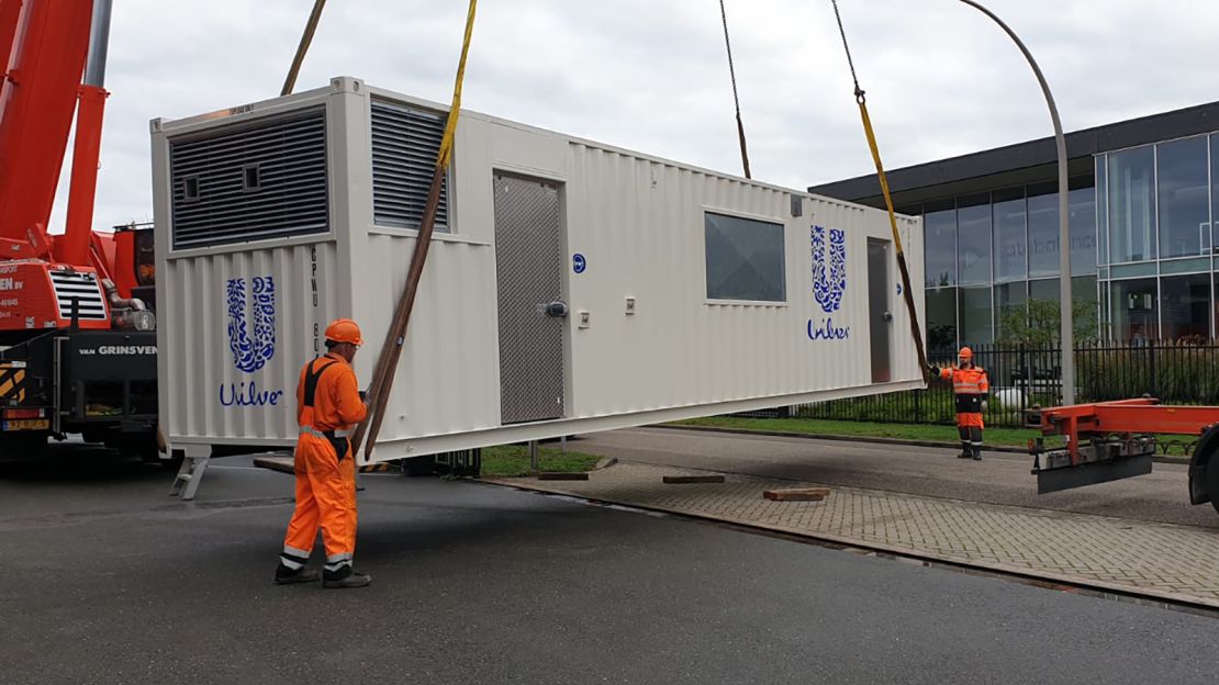 Unilever's nano factory being maneuvered into position in Wageningen, Netherlands.