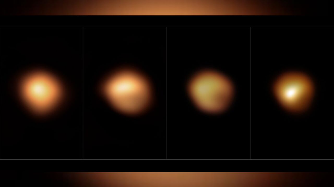 These images, taken with ESO's Very Large Telescope, show Betelgeuse's surface during its unprecedented dimming in late 2019 and early 2020. (Far left) This January 2019 image shows the star at its normal brightness; the remaining images, from December 2019, January 2020 and March 2020, were taken when the star's brightness had noticeably dropped.