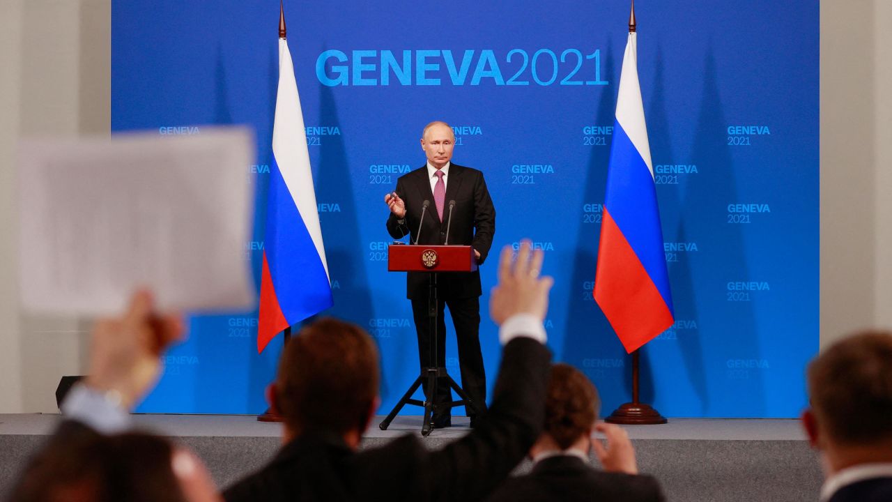 Russia's President Vladimir Putin holds a press conference after meeting with US President at the 'Villa la Grange' in Geneva on June 16, 2021.