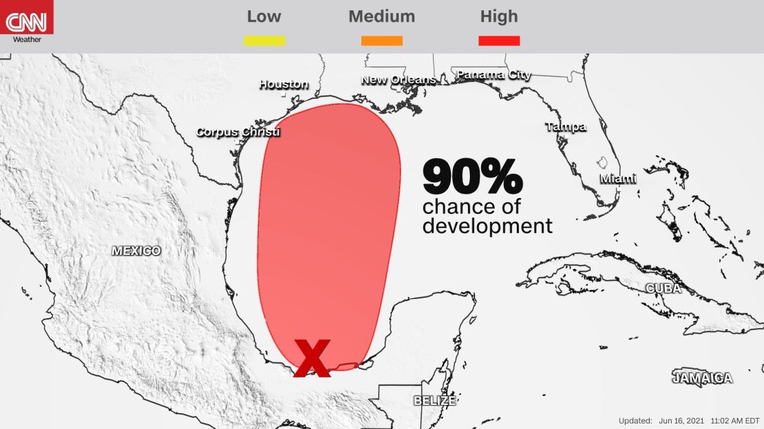 The National Hurricane Center gives an area of storms in the southern Gulf of Mexico a 90% chance of tropical development over the next 5 days.
