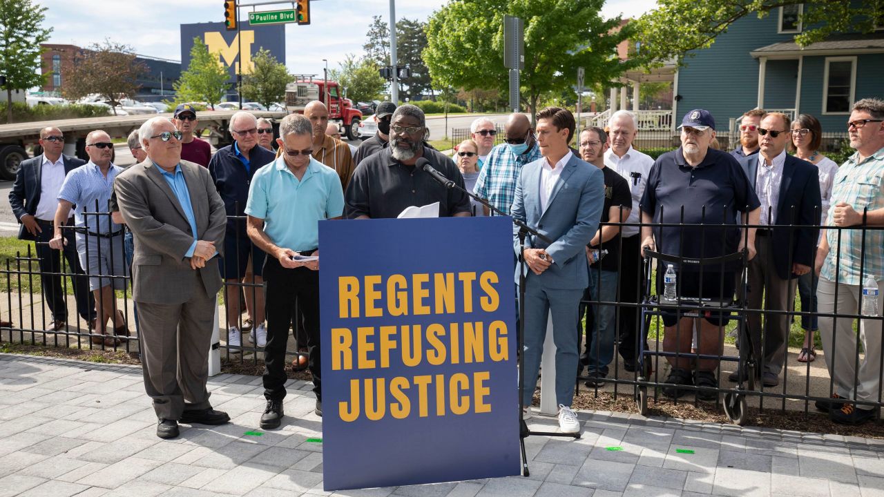 Jon Vaughn, former University of Michigan and former NFL football player, speaks at a news conference on the University of Michigan campus on June 16, 2021, in Ann Arbor, Michigan. 
