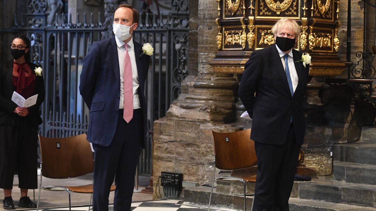 Prime Minister Boris Johnson (right) and Health Secretary Matt Hancock attend Westminster Abbey's annual service for the Florence Nightingale Foundation on May 12.