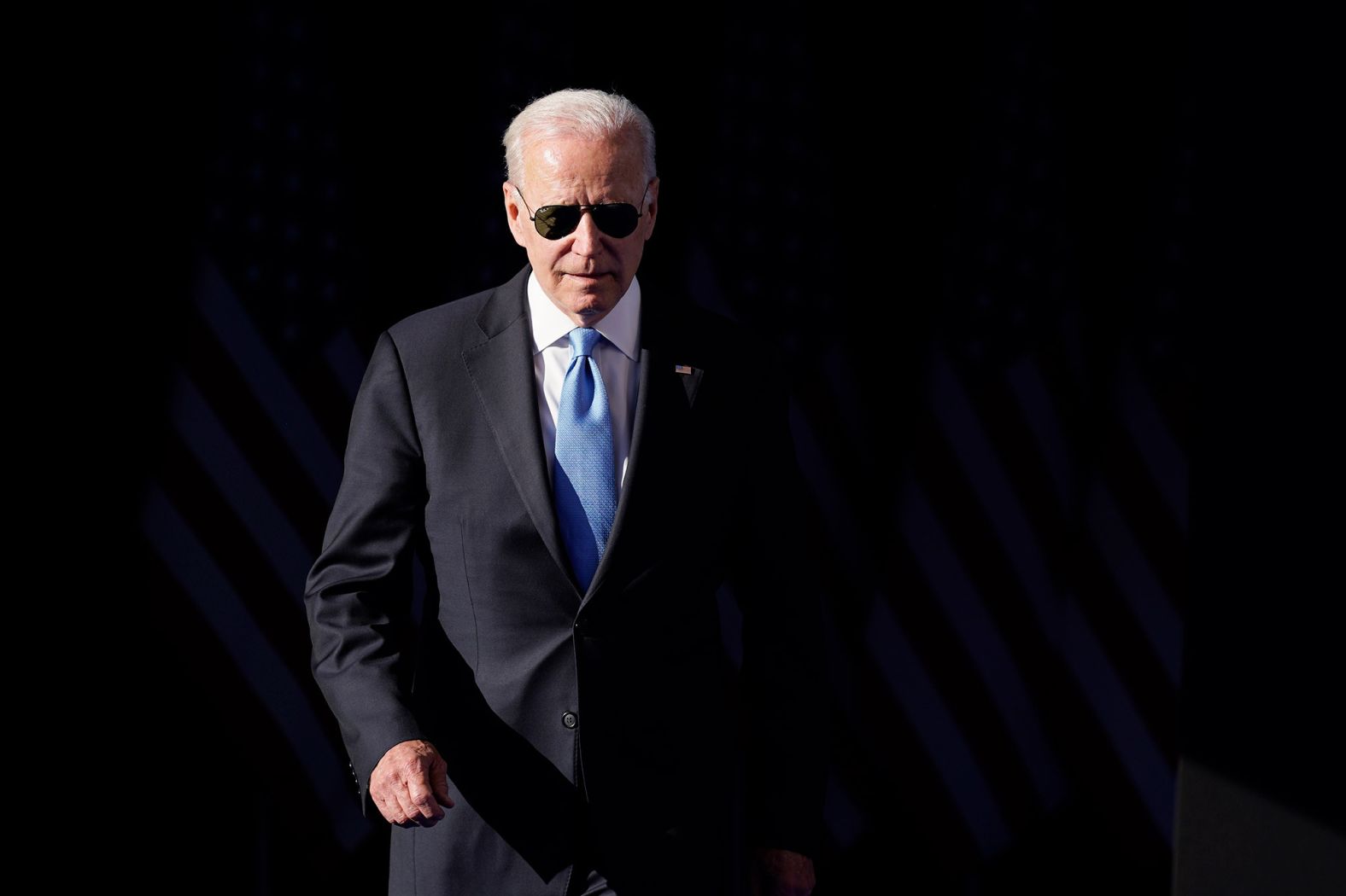 Biden arrives at his news conference wearing his trademark aviator sunglasses. He gifted Putin with a pair of custom aviators, <a href="index.php?page=&url=https%3A%2F%2Fwww.cnn.com%2Fworld%2Flive-news%2Fbiden-putin-meeting-geneva-updates-intl%2Fh_33bb3759bf0393d6bad1f45938962f40" target="_blank">according to a White House official.</a>