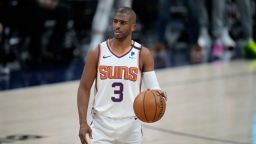 Phoenix Suns guard Chris Paul (3) in the first half of Game 4 of an NBA second-round playoff series Sunday, June 13, 2021, in Denver. (AP Photo/David Zalubowski)