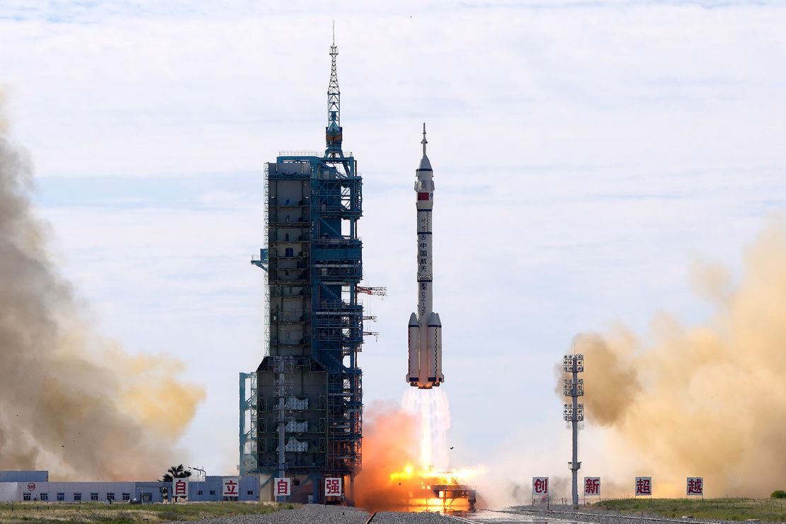 A Long March-2F rocket carrying a crew of Chinese astronauts in a Shenzhou-12 spaceship lifts off at the Jiuquan Satellite Launch Center in Jiuquan, northwestern China, on June 17, 2021.
