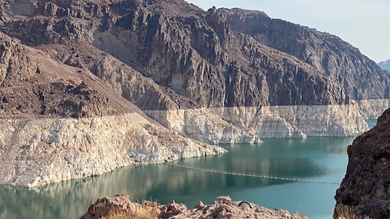 The iconic bathtub ring of Lake Mead shows where the water once reached in the early 80s