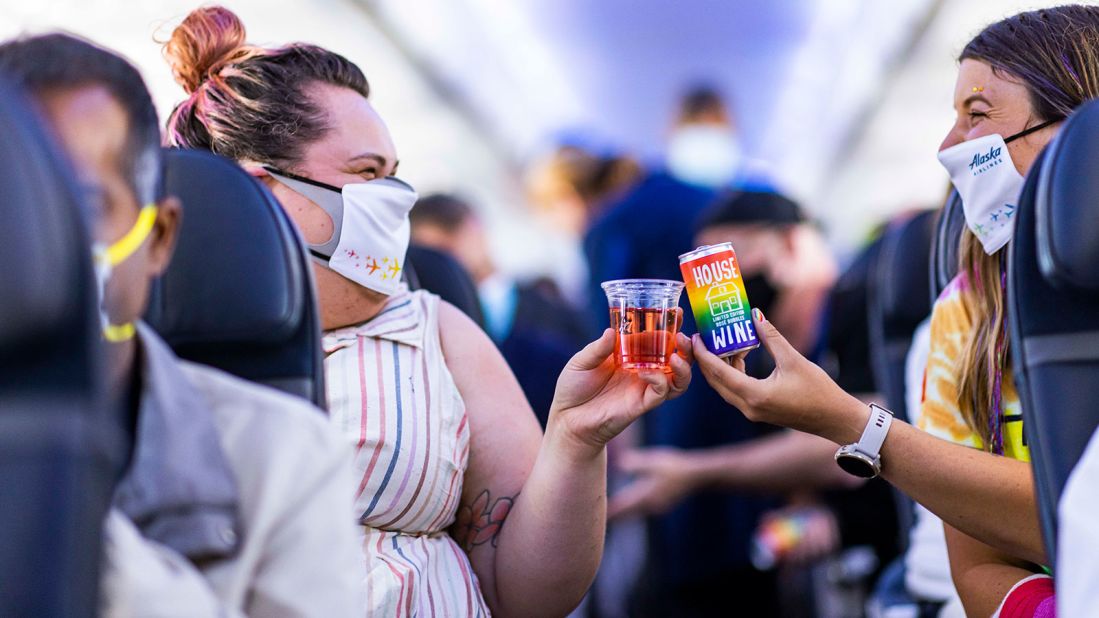 <strong>Cheers:</strong> "To the best of our knowledge, this is the first time a US airline has introduced a Pride-inspired plane," Alaska Airlines tells CNN Travel. 