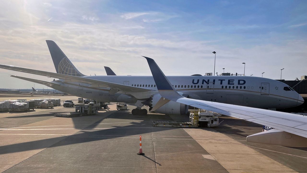 A United Airlines Boeing 787-8 Dreamliner seen at gate at Dulles Washington International airport (IAD) in Dulles, Virginia on March 12, 2021. 
