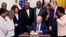 President Joe Biden signs the Juneteenth National Independence Day Act, in the East Room of the White House, Thursday, June 17, 2021, in Washington. 