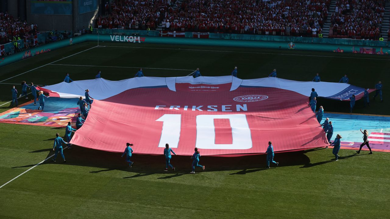 A giant jersey of Denmark's midfielder Christian Eriksen is put on display on Thursday.