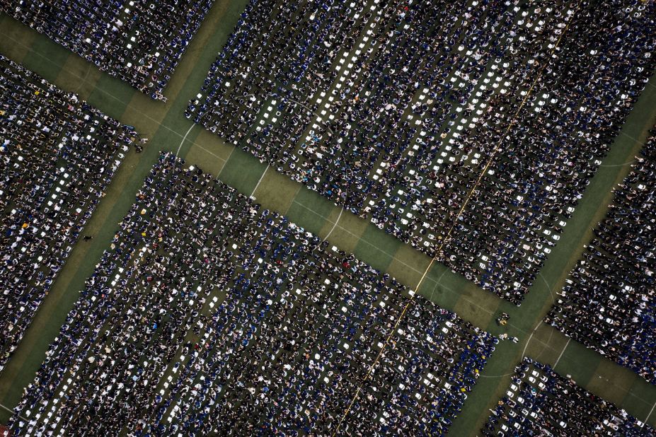 This aerial photo, taken on Sunday, June 13, shows a graduation ceremony at Central China Normal University. The ceremony in Wuhan, China, also included graduates who could not attend last year because of the Covid-19 pandemic.