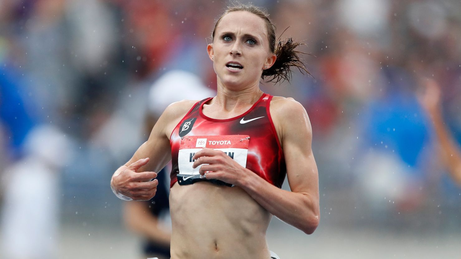 Shelby Houlihan crosses the finish line at the women's 5,000-meter run at the US Championships in Des Moines, Iowa, on July 28, 2019.