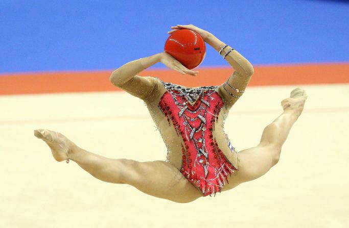 Linoy Ashram, a rhythmic gymnast from Israel, competes during the European Championships on Saturday, June 12. She went on to win silver in the ball final. She also won silver in hoop and gold in clubs.