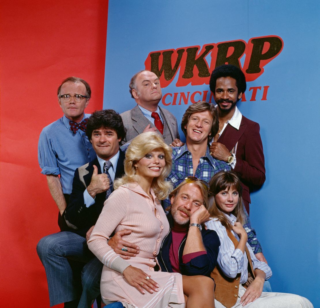 The cast of "WKRP in Cincinnati," including Frank Bonner as Herb Tarlek, second from the left.