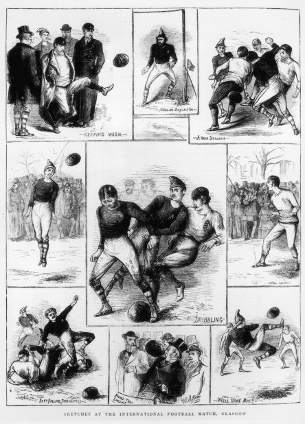 30 November 1872:  Scenes from a football match between England and Scotland in Partick, Glasgow, Scotland. The match finished in a 0-0 draw.