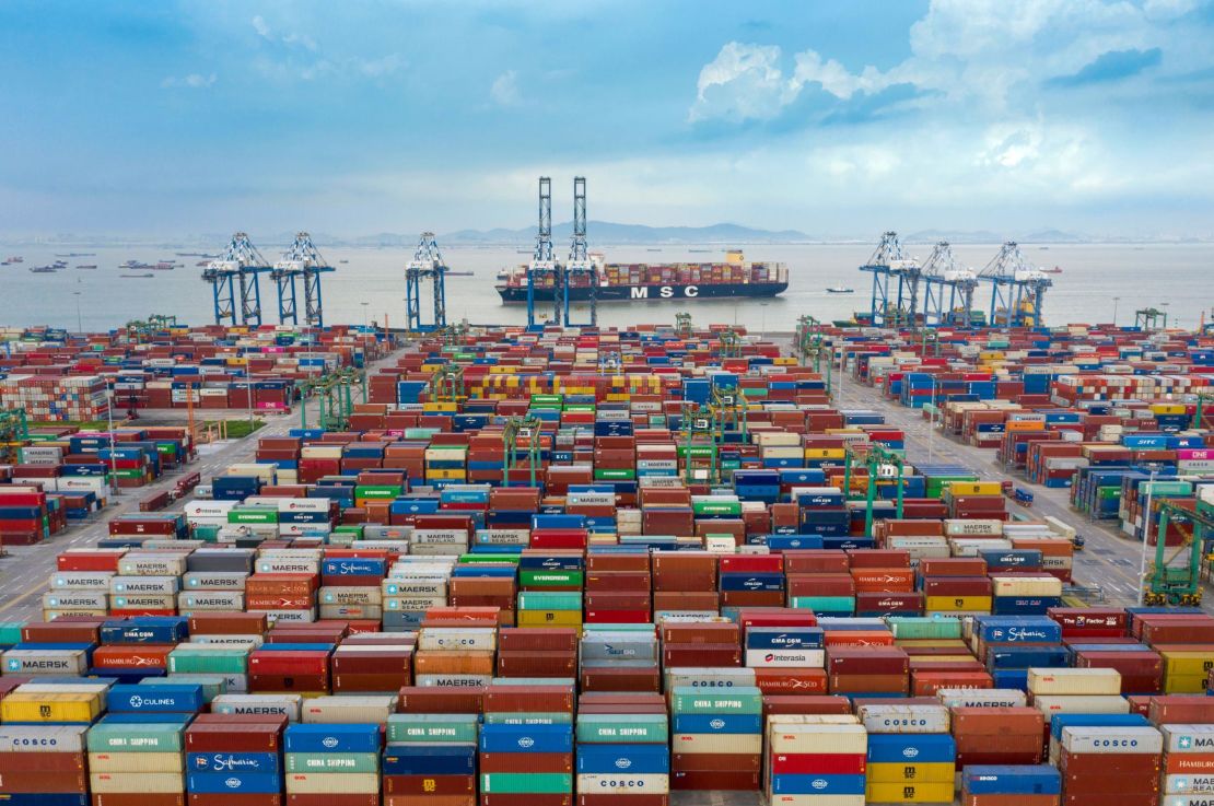 An aerial view of shipping containers stacked at Nansha Port in Guangzhou. 