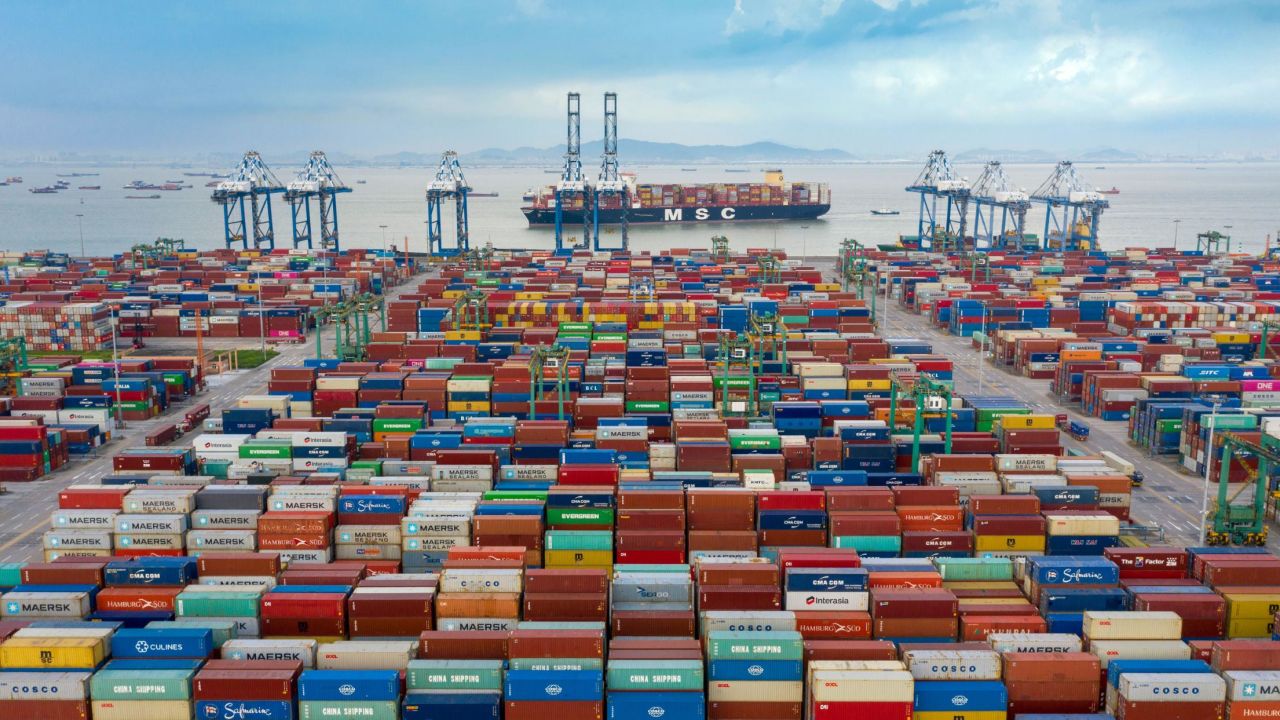 An aerial view of shipping containers stacked at Nansha Port in Guangzhou.