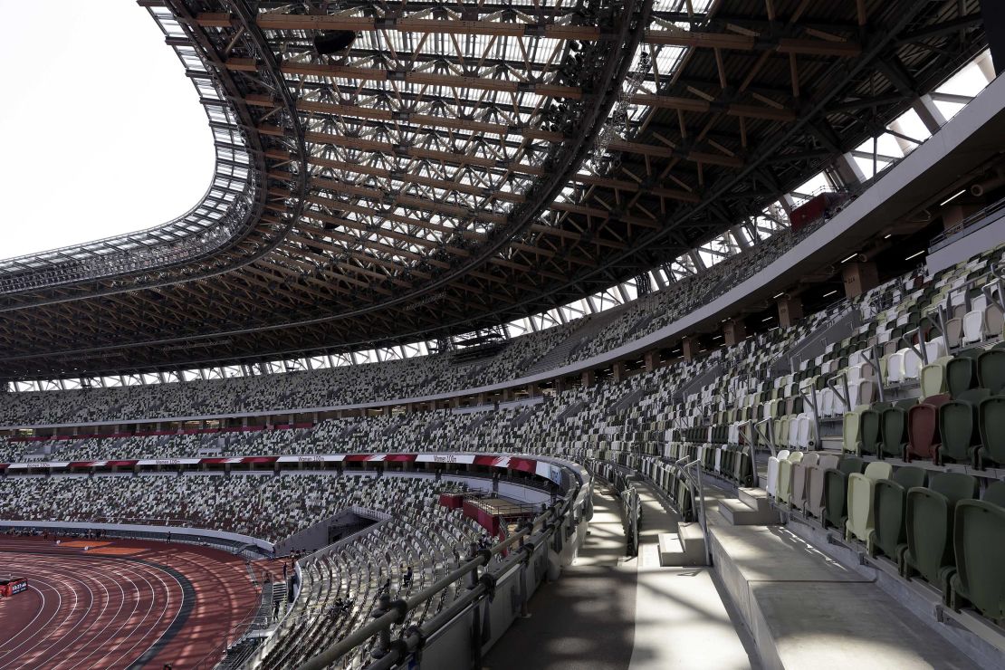 Empty seats are seen during an athletics test event for the Tokyo 2020 Olympic Games at Tokyo's National Stadium on May 9, 2021.