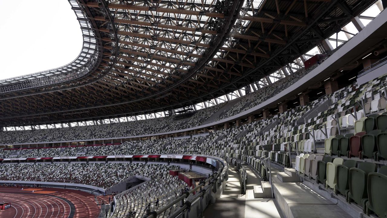Empty seats are seen during an athletics test event for the Tokyo 2020 Olympic Games at Tokyo's National Stadium on May 9, 2021.