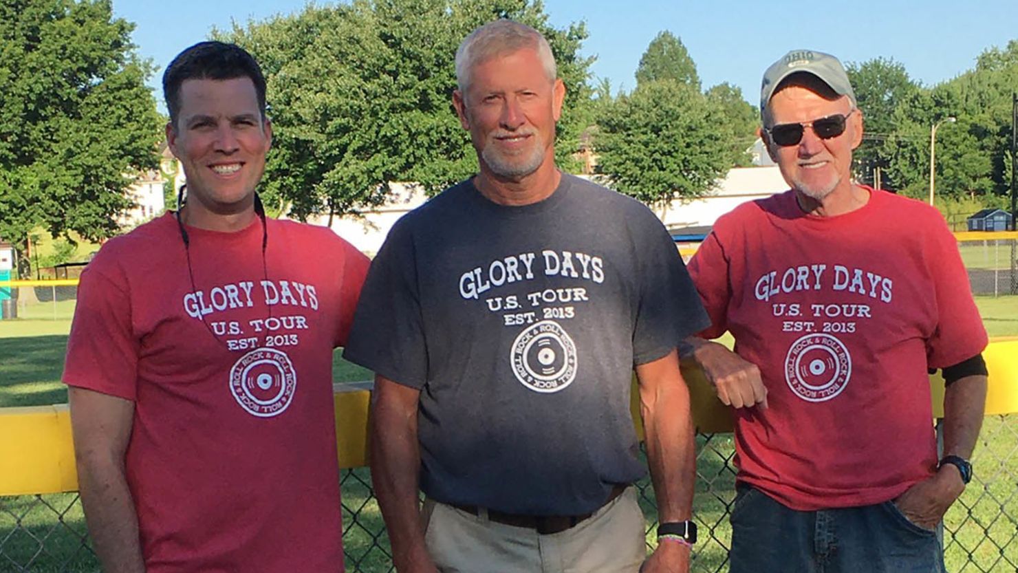 Eric Reed, left, his father-in-law, Bob Caldwell, center, and father, Ted Reed, wearing t-shirts that commemorate their annual Father's Day concert road trip.