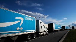 This April 21, 2020 file photo shows Amazon tractor trailers line up outside the Amazon Fulfillment Center in the Staten Island borough of New York.  Amazon will hold its annual Prime Day over two days in June this year, the earliest it has ever held the sales event. 