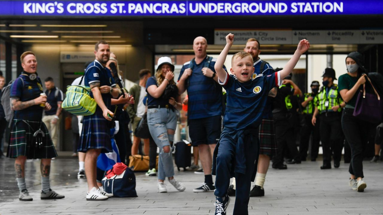 Scotland fans arrive at King's Cross St. Pancras, London, ahead of the match with England.