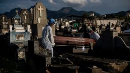 Cemetery workers carry the coffin that contains the remains of 89-year-old Irodina Pinto Ribeiro, who died from COVID-19 related complications, at the Inhauma cemetery in Rio de Janeiro, Brazil, Friday, June 18, 2021. Brazil is approaching an official COVID-19 death toll of 500,000 — second-highest in the world. (AP Photo/Bruna Prado)