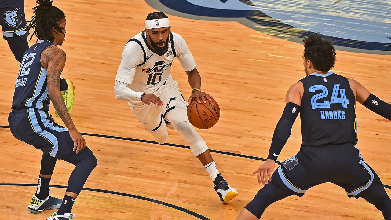 Mike Conley of the Utah Jazz drives to the basket against the Memphis Grizzlies during Game Four of the Western Conference first round series on May 31. Days later, Conley suffered a hamstring injury that left him sidelined for over a week.