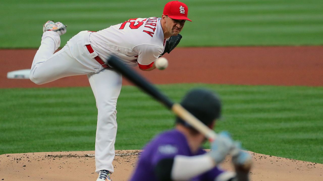 Jack Flaherty of the St. Louis Cardinals delivers a pitch against the Colorado Rockies on May 7, 2021. Flaherty has been sidelined for weeks with an oblique strain.