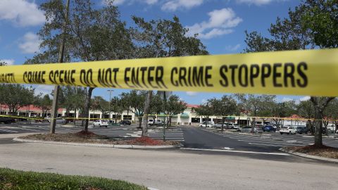 ROYAL PALM BEACH, FLORIDA - JUNE 10: Palm Beach County Sheriff's crime scene tape is seen outside of a Publix supermarket where a woman,  child and a man were found shot to death on June 10, 2021 in Royal Palm Beach, Florida. Law enforcement officials continue to investigate the crime scene for clues as to why the shooting occurred. (Photo by Joe Raedle/Getty Images)