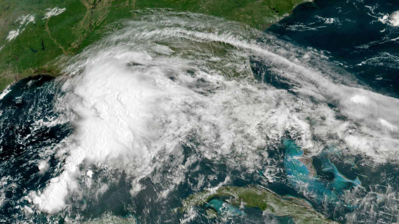 A satellite image taken Friday morning shows the tropical weather system in the Gulf of Mexico.