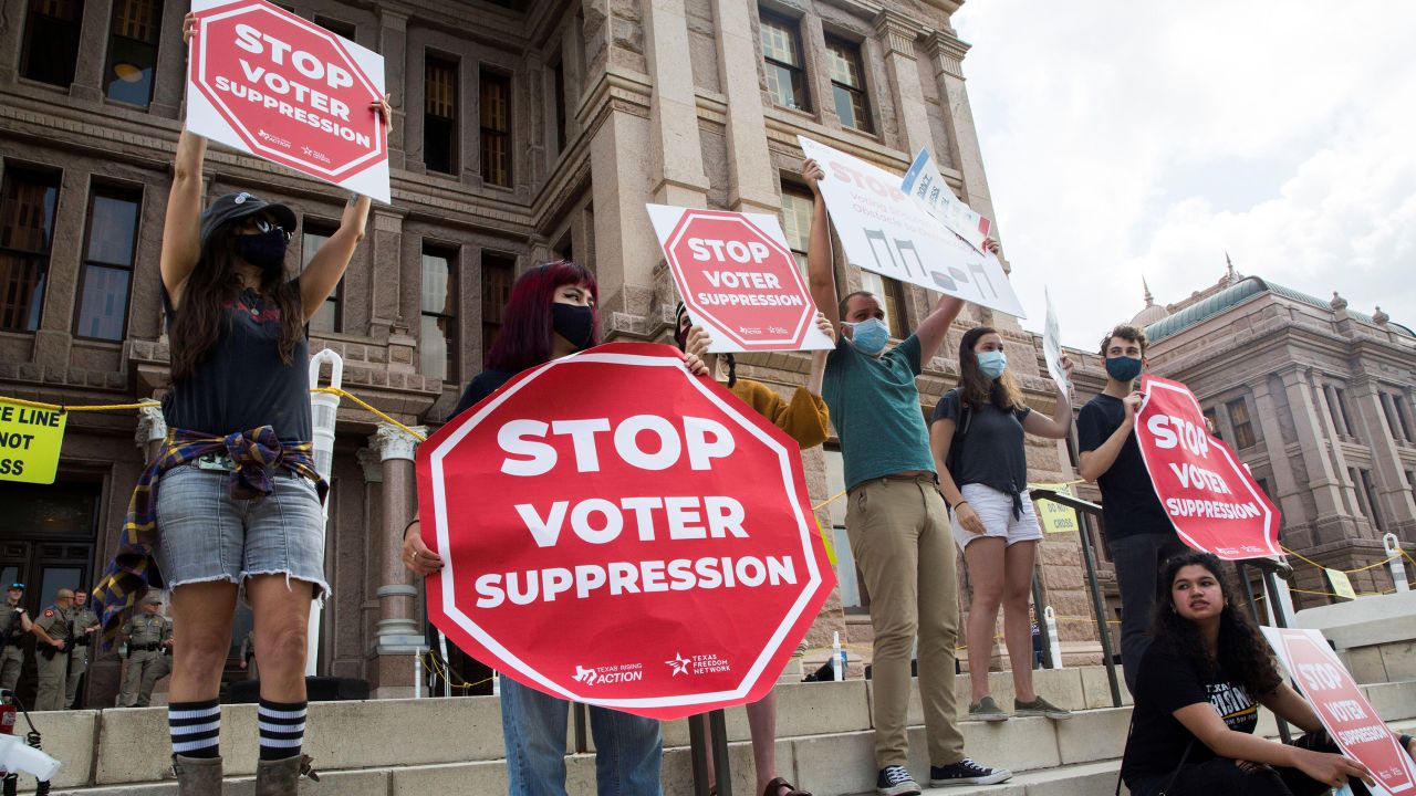 Voting rights activists gather during a protest against Texas legislators advancing a slew of new voting restrictions in Austin last month. 