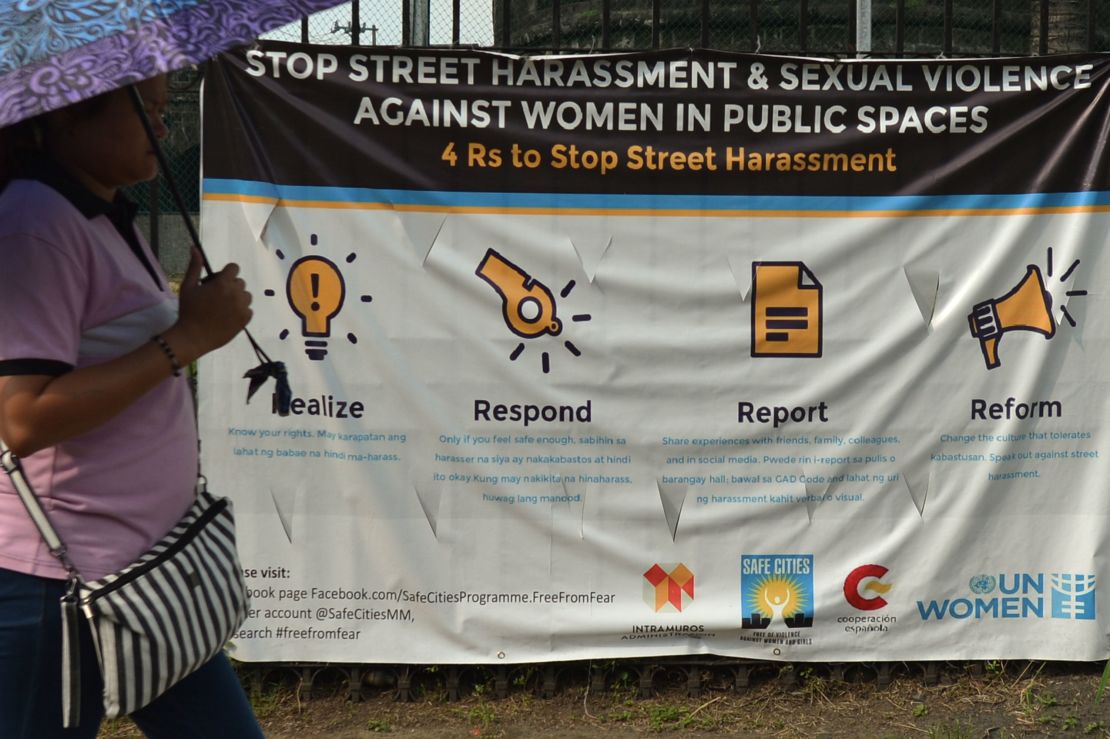 A billboard showing a campaign against street harassment and sexual violence toward women, in Manila, the Philippines, on June 30, 2019.