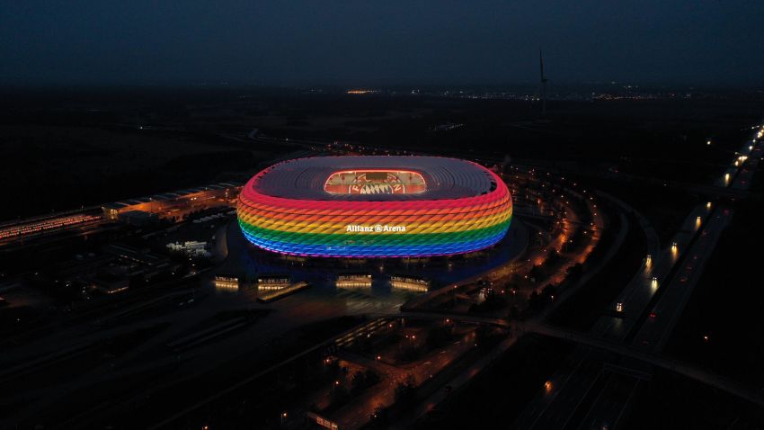 MUNICH, GERMANY - JANUARY 30: A drone image shows the Allianz Arena soccer stadium illuminated in rainbow colours during the Bundesliga match between FC Bayern Muenchen and TSG Hoffenheim on January 30, 2021 in Munich, Germany. On the occasion of the "Remembrance Day in German Football", FC Bayern wants to send a signal against discrimination and raise awareness for more tolerance in our society. (Photo by Alexandra Beier/Getty Images)