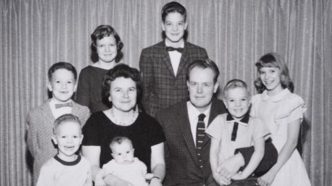 Johnson family, 1961: Front row from left: Todd, Winnie Amacher Johnson is holding Scott, Vere Hodges Johnson, Brad, Kathy. Back row: Paul, Janice, Rand