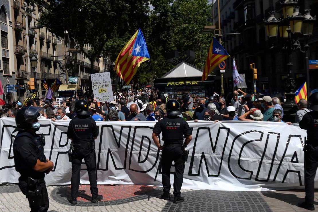 Pro-independence protesters outside Barcelona's opera house on Monday.  